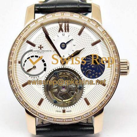 Replica Vacheron Constantin Patrimony Tourbillon Rose Gold & Diamonds White Dial Swiss Tourbillon