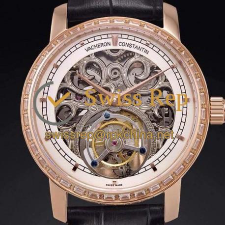 Replica Vacheron Constantin Patrimony Tourbillon Rose Gold & Diamonds Skeleton & White Dial Swiss Tourbillon