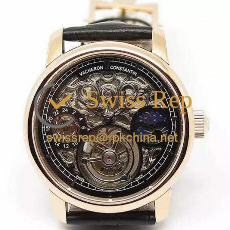 Replica Vacheron Constantin Patrimony Tourbillon Rose Gold Skeleton & Black Dial Swiss Tourbillon