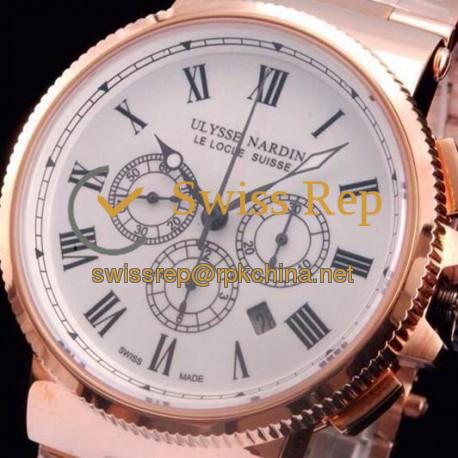 Replica Ulysse Nardin Marine Chronograph Rose Gold Roman Numbers White Dial Swiss 7750