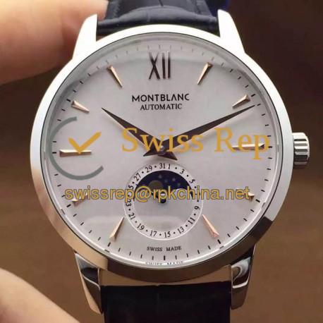 Replica Montblanc Meisterstuck Heritage Moonphase Stainless Steel Rose Gold Markers White Dial Swiss 2914