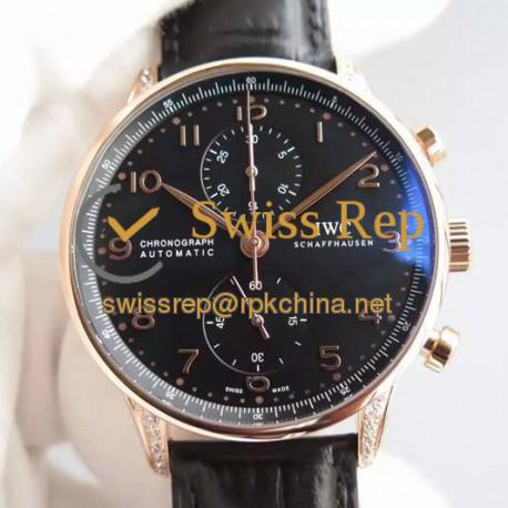 Replica IWC Portuguese Chronograph Rose Gold & Diamonds Black Dial Swiss 7750