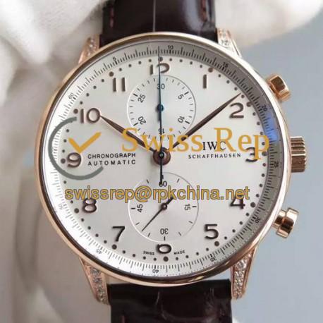 Replica IWC Portuguese Chronograph Rose Gold & Diamonds White Dial Swiss 7750