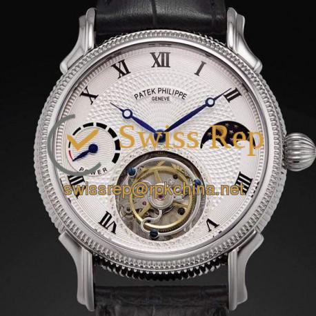 Replica Patek Philippe Tourbillon Moonphase Power Reserve Stainless Steel White Dial Swiss Tourbillon