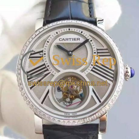 Replica Cartier Rotonde Tourbillon Stainless Steel & Diamonds White Dial Swiss Tourbillon