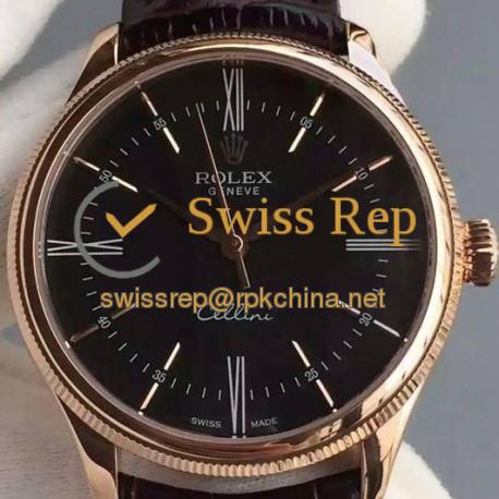 Replica Rolex Cellini Time 50505 Rose Gold Black Dial Swiss 2824-2