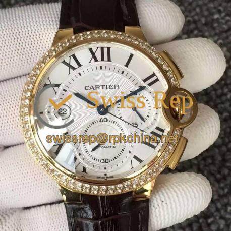 Replica Cartier Ballon Bleu Chronograph Yellow Gold & Diamonds White Dial Swiss 7750