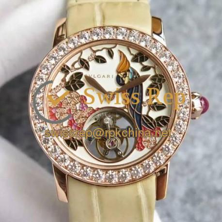 Replica Bvlgari Il Giardino Tropicale Rose Gold & Diamonds Parrot Dial Cream Leather Strap Swiss Tourbillon