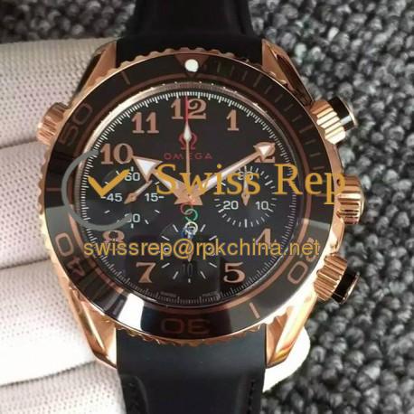 Replica Omega Seamaster Planet Ocean Chronograph Olympics Rose Gold Black Dial Black Rubber Strap Swiss 7750