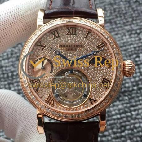 Replica Patek Philippe Tourbillon Moonphase Power Reserve Rose Gold Diamonds Dial Swiss Tourbillon