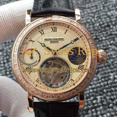 Replica Patek Philippe Tourbillon Moonphase Power Reserve Rose Gold & Diamonds Gold Dial Swiss Tourbillon