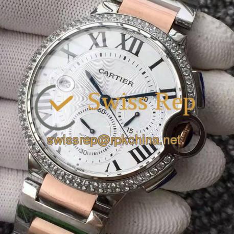 Replica Cartier Ballon Bleu Chronograph Stainless Steel & Diamonds White Dial Swiss 7750