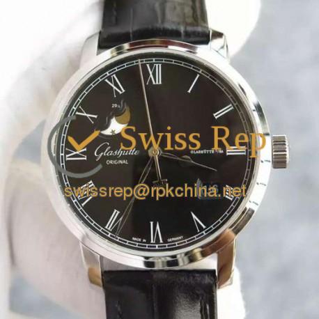 Replica Glashutte Senator Panorama Date Moon Phase Stainless Steel Black Dial Swiss 100-04