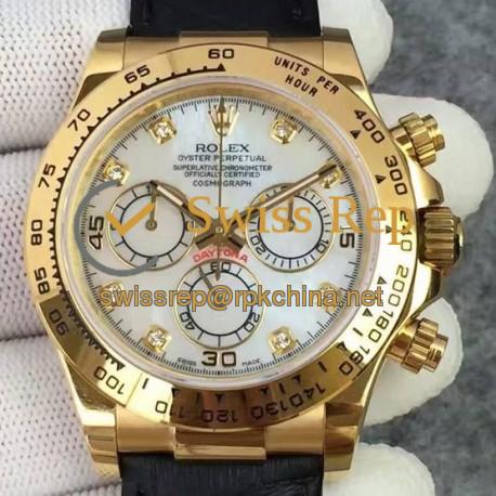 Replica Rolex Daytona Cosmograph 116518 JH Yellow Gold Diamonds & Pearl Dial Swiss 4130 Run 6@SEC