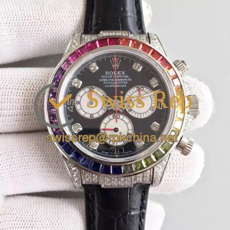 Replica Rolex Daytona Cosmograph 116599 Rainbow Stainless Steel & Diamonds Black Dial Swiss 7750 Run 6@SEC