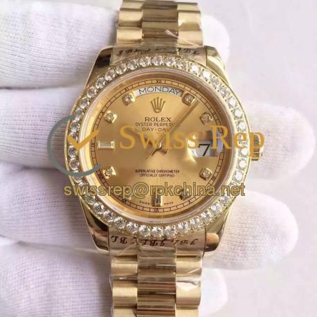 Replica Rolex Day-Date II 218348 41MM KW Yellow Gold & Diamonds Champagne Dial Swiss 3255