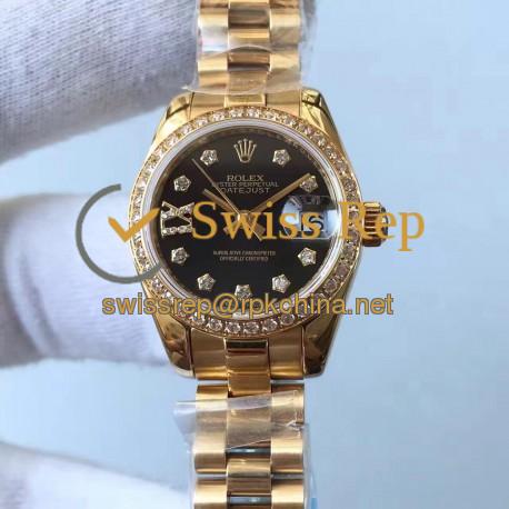 Replica Rolex Lady Datejust 28 279138RBR 28MM Yellow Gold & Diamonds Black Dial Swiss 2671