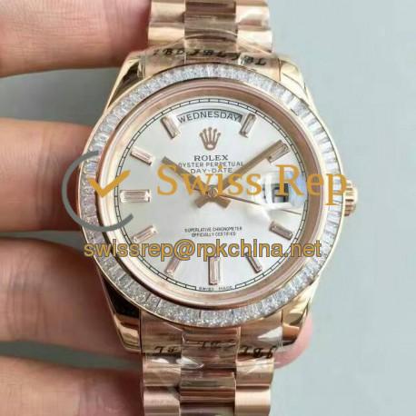 Replica Rolex Day-Date 40 228235 40MM KW Rose Gold & Diamonds Sundust Dial Swiss 3255