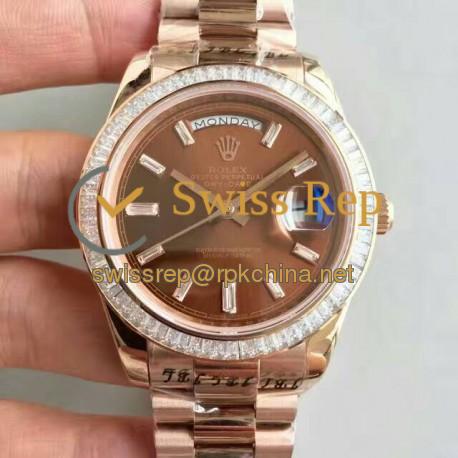 Replica Rolex Day-Date 40 228235 40MM KW Rose Gold & Diamonds Chocolate Dial Swiss 3255