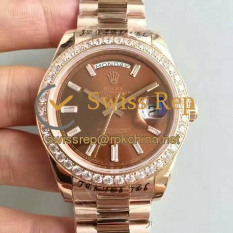 Replica Rolex Day-Date 40 228235 40MM KW Rose Gold & Diamonds Chocolate Dial Swiss 3255