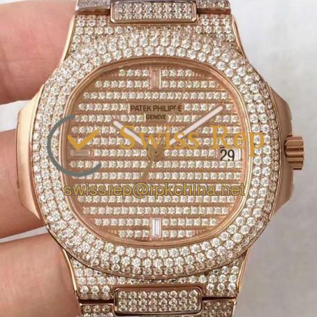 Replica Patek Philippe Nautilus Jumbo 5719/1G-001 DM Rose Gold & Diamonds Diamonds Dial Swiss 324SC