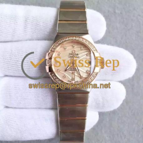 Replica Omega Constellation Ladies 123.25.27.20.57.003 27MM EF Stainless Steel & Rose Gold Red & Diamonds Dial Swiss 8520