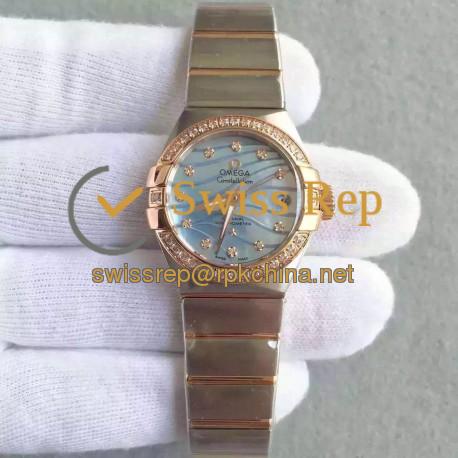 Replica Omega Constellation Ladies 123.25.27.20.57.003 27MM EF Stainless Steel & Rose Gold Blue & Diamonds Dial Swiss 8520