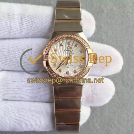 Replica Omega Constellation Ladies 123.25.27.20.58.001 27MM EF Stainless Steel & Rose Gold White & Diamonds Dial Swiss 8520