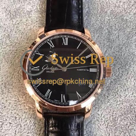 Replica Glashutte Senator Panorama Date Moon Phase 100-04-32-15-04 GF Rose Gold Black Dial Swiss 100-04