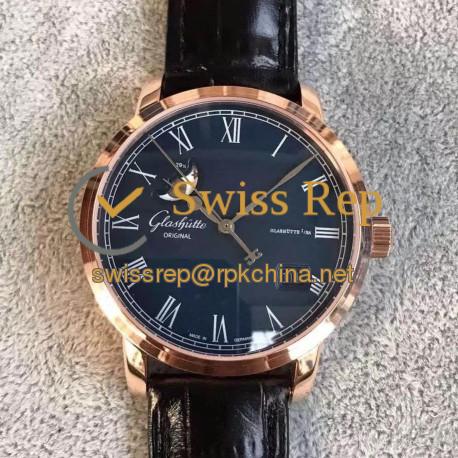 Replica Glashutte Senator Panorama Date Moon Phase 100-04-32-15-04 GF Rose Gold Blue Dial Swiss 100-04