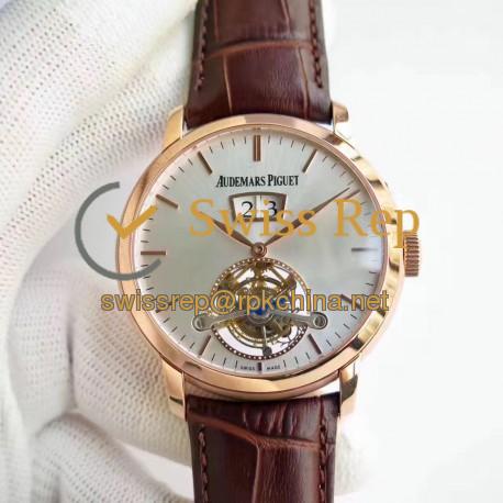 Replica Audemars Piguet Jules Audemars Tourbillon Grande Date 26559 TF Rose Gold Silver Dial Swiss AP Caliber 2909