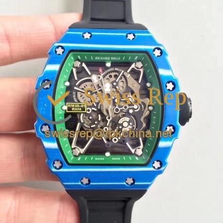 Replica Richard Mille RM35-01 Rafael Nadal KV Blue Forged Carbon Green & Skeleton Dial M6T51