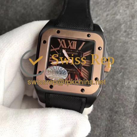 Replica Cartier Santos 100 XL WSSA0006 V6 PVD & Rose Gold Black Dial Swiss 2824-2