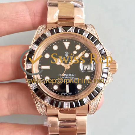 Replica Rolex Submariner Date 116618LN BP Rose Gold & Diamonds Black Dial Swiss 2836-2